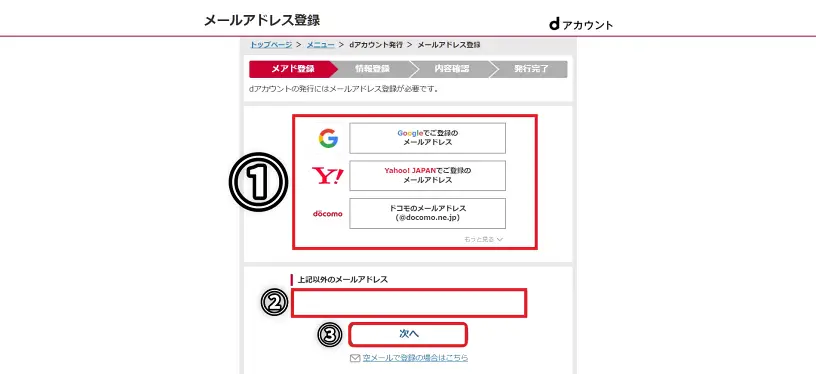 dアカウントメールアドレス登録画面